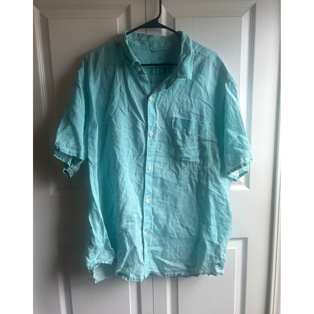 Tommy Bahama Big & Tall Men's 2XL Blue Linen Short Sleeve Button-Up Pocket